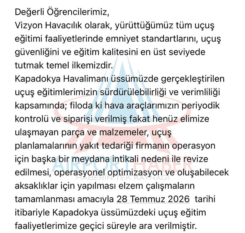 Vizyon Havacılık'tan Öğrencilere Gönderilen Duyuru Metni